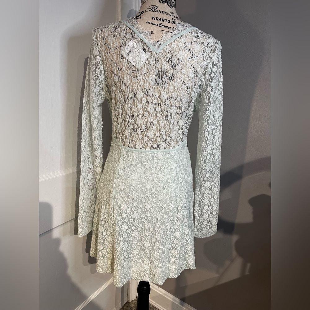 NWT Free People Petra Long Sleeve Lace Mini Dress Billowing Sail Mint Green Sz M - Picture 5 of 16